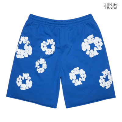 Calções azuis com estampas brancas círculos irregulares.