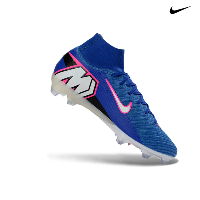 Bota de futebol Nike azul royal com detalhes em branco, preto e rosa
