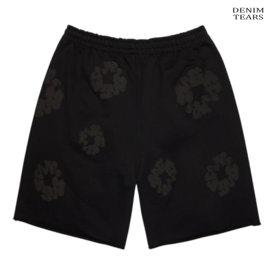 Calções pretos com padrão e cós elástico com texto DENIM TEARS