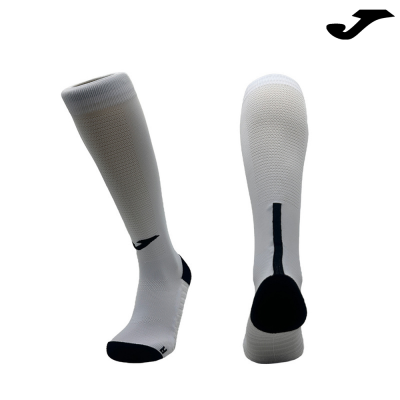 Meias desportivas longas brancas com detalhes pretos e logótipo da Joma