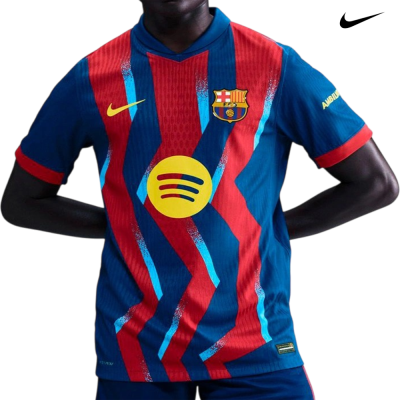 Camisola FC Barcelona azul e vermelha com logos Nike e Spotify.