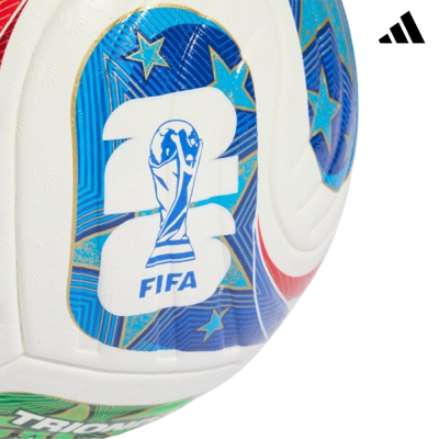 Bola de futebol branca com logo FIFA 2023 e símbolos coloridos