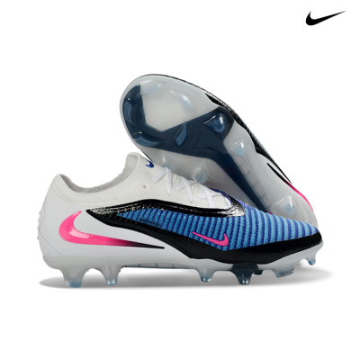 Chuteiras de futebol Nike azul, branco, preto e rosa com cravos transparentes
