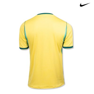 Camisola desportiva amarela vista de trás com detalhes verdes e logótipo Nike