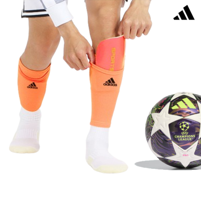 Caneleiras laranja adidas com bola da UEFA Champions League