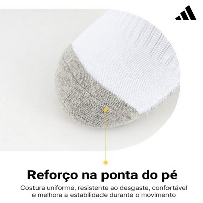 Ponta de meia branca com reforço cinza e costura uniforme.