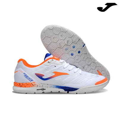 Ténis desportivos branco com detalhes em laranja e azul, sola hexagonal e inscrições REACTIVE BALL e RESISTE 5000