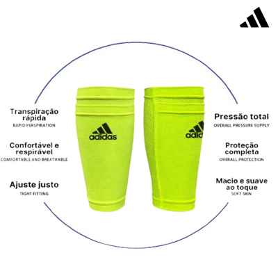 Faixas elásticas amarelo fluorescente com logotipo Adidas preto e texto explicativo sobre características do produto.