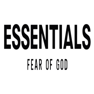 Logótipo preto ESSENTIALS com texto FEAR OF GOD em fundo branco