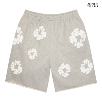 Calções cinzento claro com flores brancas e texto DENIM TEARS