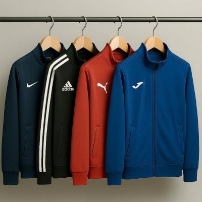 Quatro casacos desportivos coloridos pendurados em cabides numa barra metálica.