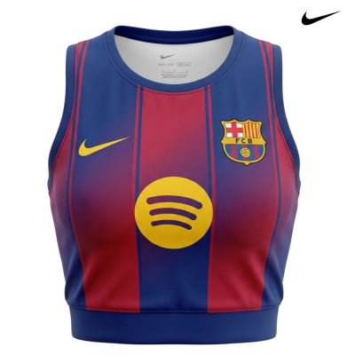 Top desportivo azul e vermelho com logótipos do FC Barcelona, Nike e Spotify