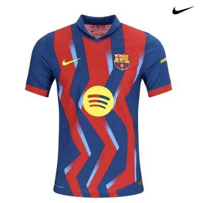 Camisola de futebol do FC Barcelona azul e vermelha com logos Nike e Spotify.
