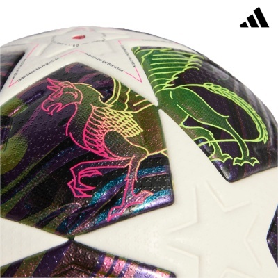 Bola de futebol branca com painéis roxos e desenhos de criaturas em rosa e verde