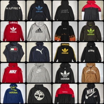 Coleção de sweatshirts com capuz de marcas populares em várias cores e logótipos visíveis