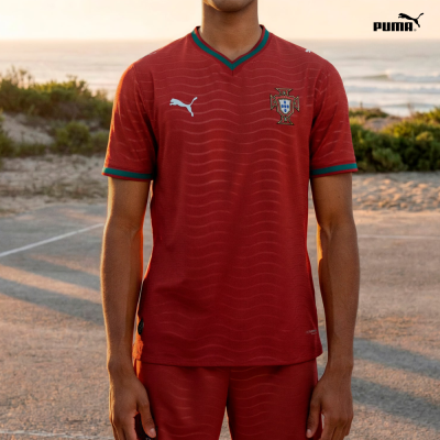 T-shirt desportiva vermelha da seleção de Portugal com logo PUMA e emblema nacional