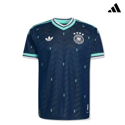 Camisola de futebol azul escura com detalhes em verde-água e logotipos Adidas