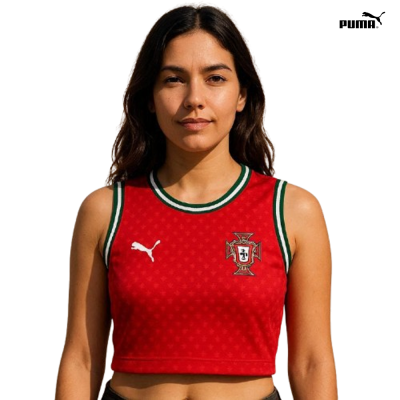 Top cropped desportivo vermelho com emblema da Federação Portuguesa de Futebol e logo da PUMA