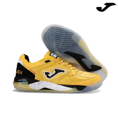 Sapatilhas amarelas com logótipo J e sola translúcida cinza.