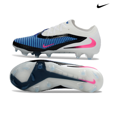 Chuteiras de futebol Nike azul, branco, preto e rosa com sola cravada