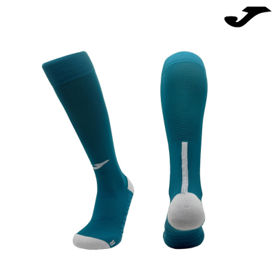 Meias desportivas azuis petróleo e cinza com logo branco da marca Joma