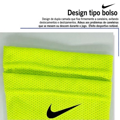 Caneleira desportiva amarela com logótipo Nike e texto em português