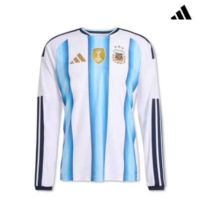 Camisola de futebol branca e azul com logos e manga comprida