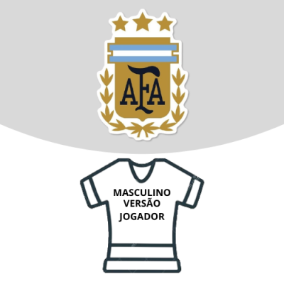 Escudo da AFA dourado com três estrelas acima e camisola branca com texto em português.