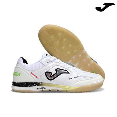 Ténis desportivos indoor brancos com sola amarelada e detalhes em preto e verde