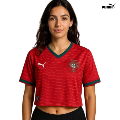 Camisola desportiva feminina vermelha com logótipo Puma e emblema da seleção portuguesa.