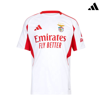 T-shirt desportiva branca e vermelha com logótipos do SL Benfica e Adidas