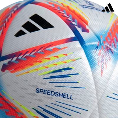 Bola desportiva branca com detalhes coloridos e texto SPEEDSHELL