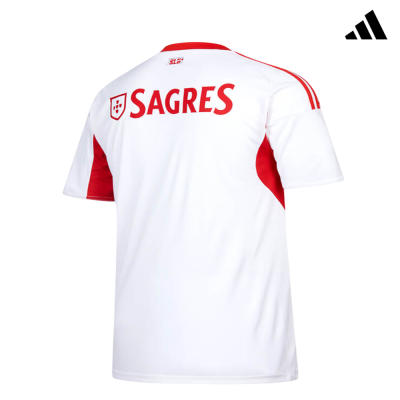 Camisola branca e vermelha com texto SAGRES nas costas e logótipo Adidas