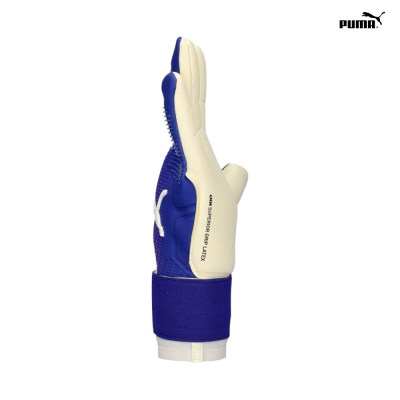 Luva desportiva Puma azul e branca com texto 4MM SUPERIOR GRIP LATEX