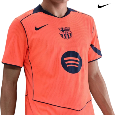Camisola de futebol cor de coral com logotipos Nike e FC Barcelona e ícone Spotify