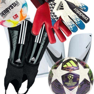 equipamentos de futebol com bolas, luvas Adidas, caneleiras Nike