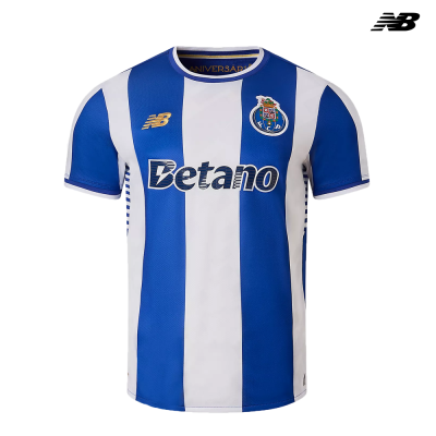 T-shirt de futebol azul e branca às riscas FC Porto com logótipos NB e Betano