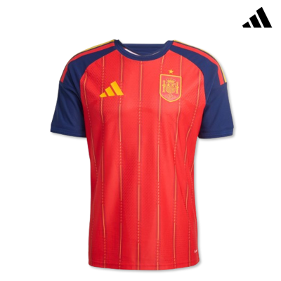 T-shirt desportiva vermelha e azul com logos Adidas e escudo da seleção de Espanha