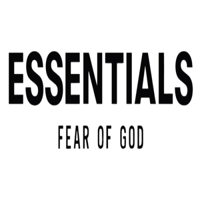 Logótipo preto ESSENTIALS com texto FEAR OF GOD em fundo branco