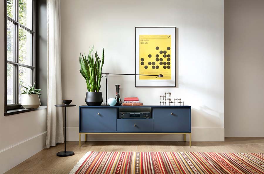 M&oacute;vel TV Azul Navi com Pernas em Dourado