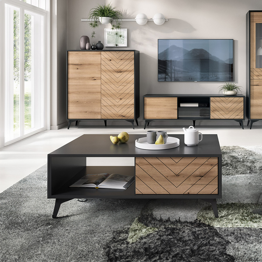 Mesa de Centro em Carvalho Natural e Preto Diamond Móveis de sala de estar em metal preto e madeira clara com padrão espinha de peixe