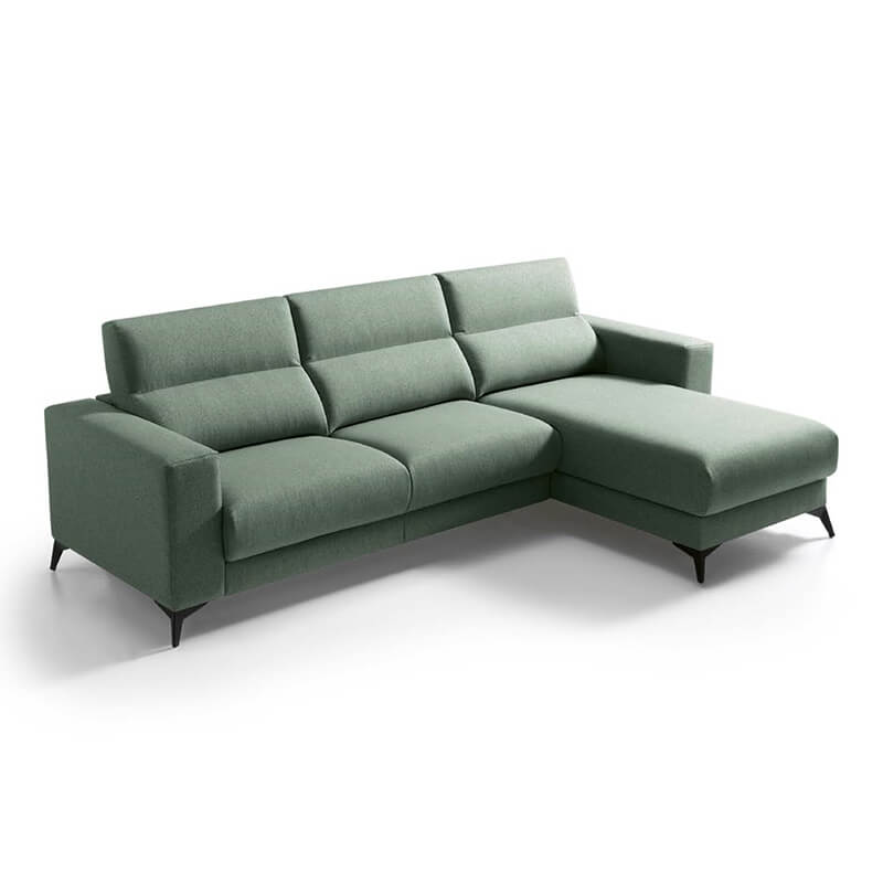 Sofá Cama com Chaise Longue e Baú | Karina Sofá chaise longue verde estofado em tecido com pernas pretas
