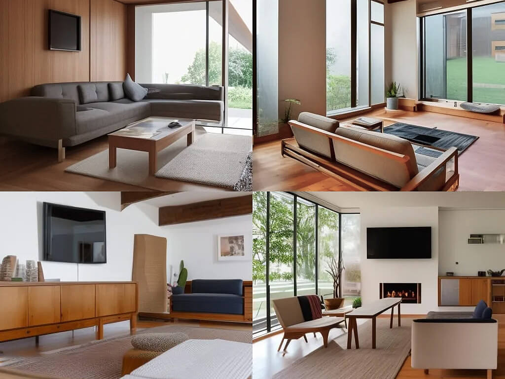 Quatro fotos de salas de estar modernas com sofás, mesas de madeira, tapetes e televisores