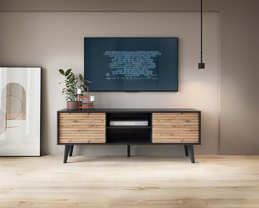 M&oacute;vel TV Preto com Ripas em Carvalho