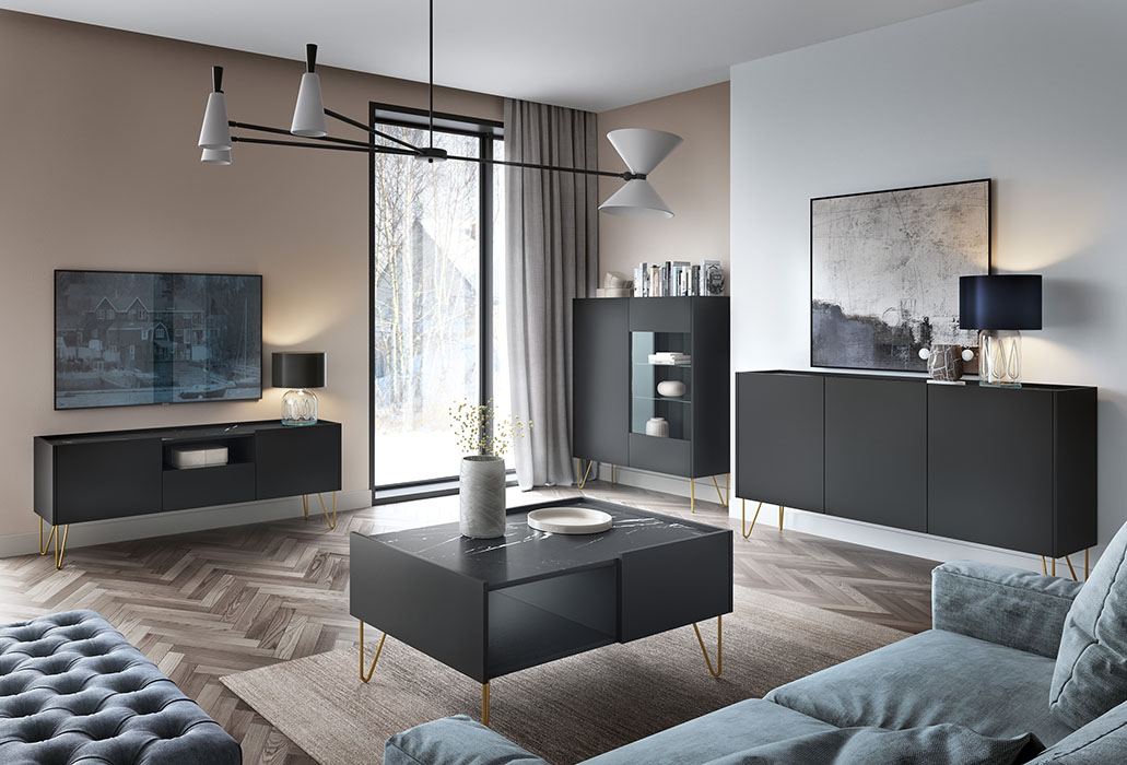 Sala de estar moderna com móveis pretos fosco em ambiente luminoso