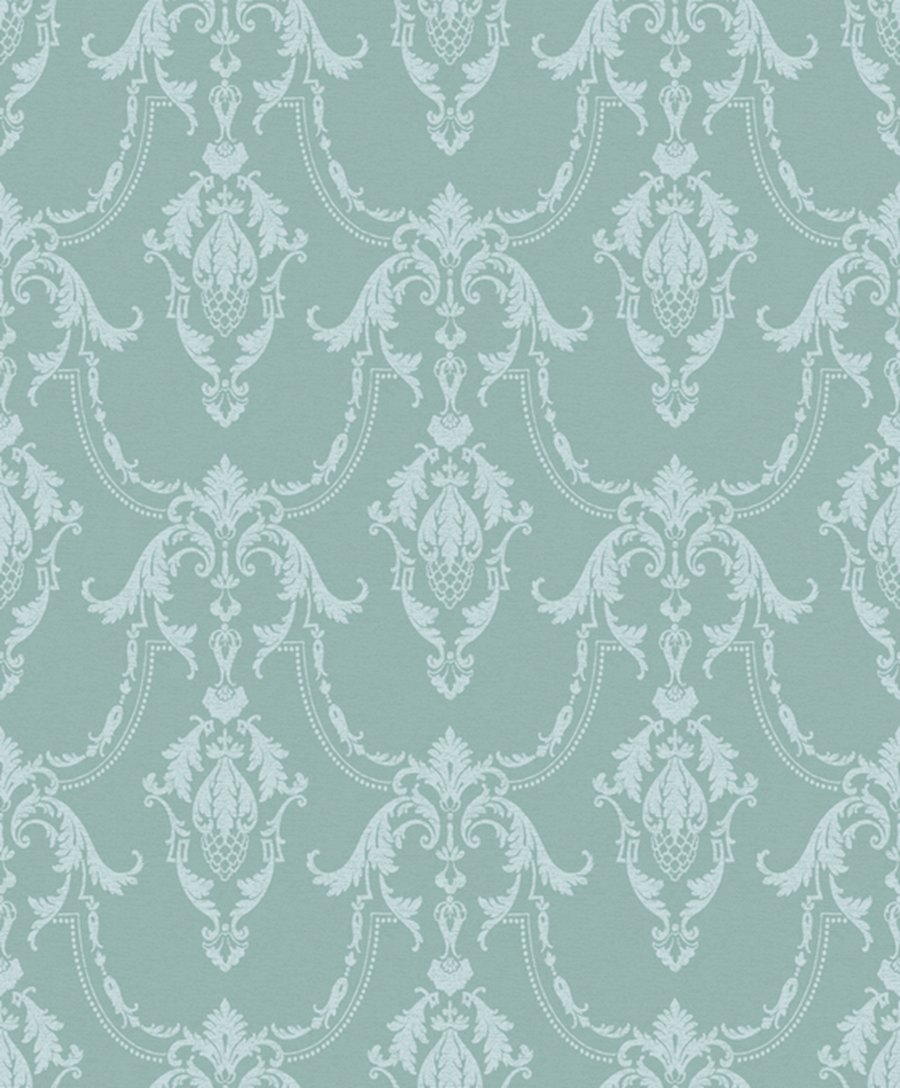 Papel de Parede Vintage Fiona Wall Design | 483021 Papel de parede clássico azul esverdeado com padrão ornamental azul claro