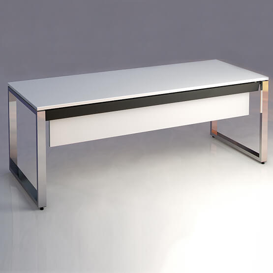 Secretária Cromado e Branco Oxygen Mesa retangular branca com estrutura metálica cromada