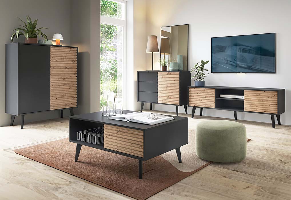 Conjunto moderno de móveis de sala em madeira e preto com puff verde