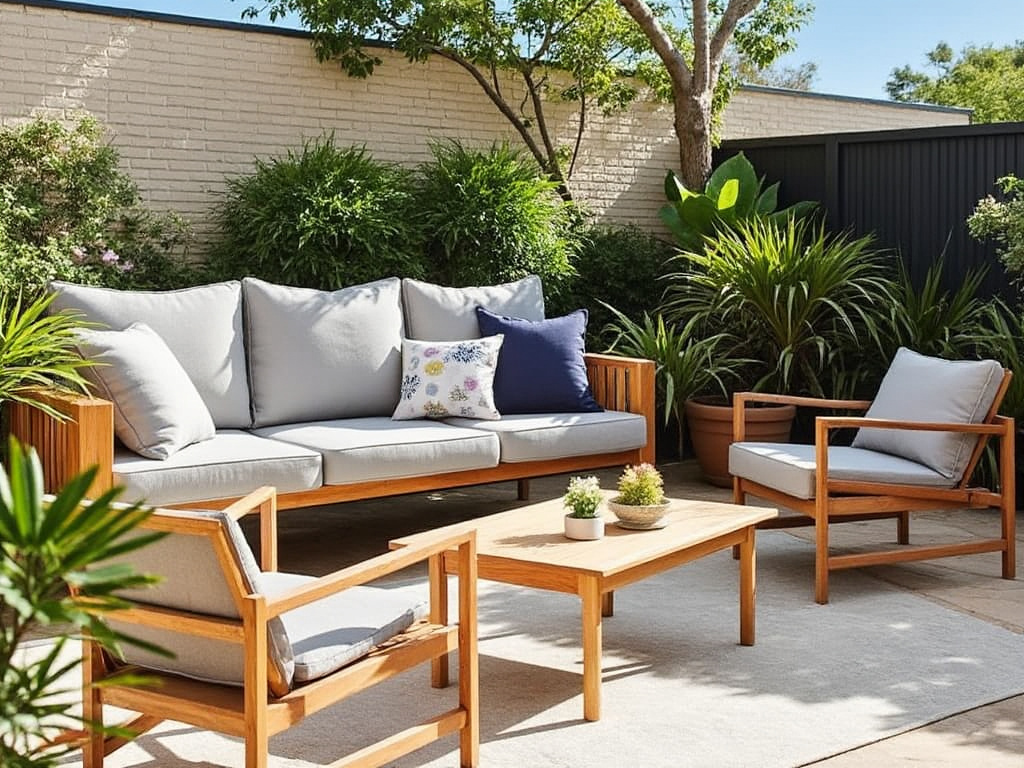 Conjunto de mobiliário de jardim em madeira clara com almofadas cinza claras