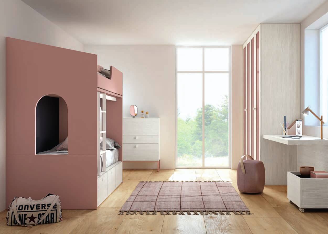 Quarto Juvenil Completo Antaix | Stay 39 Quarto infantil moderno com cama e armário, decoração clara e tapete castanho.